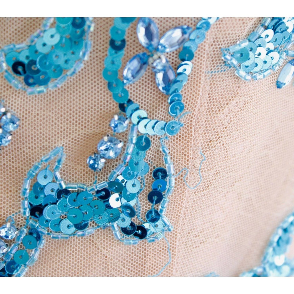 Sherri Hill Turquoise Blue Nude Mesh Beaded Prom Formal Dress Gown Size 12 - Picture 7 of 12